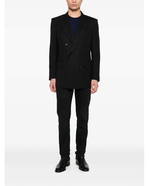 Tom Ford Black Double-Breasted Pinstripe Blazer for men