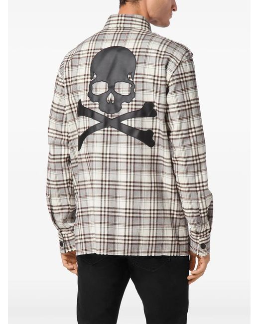 Philipp Plein Gray Skull&Bones-Print Checked Shirt for men