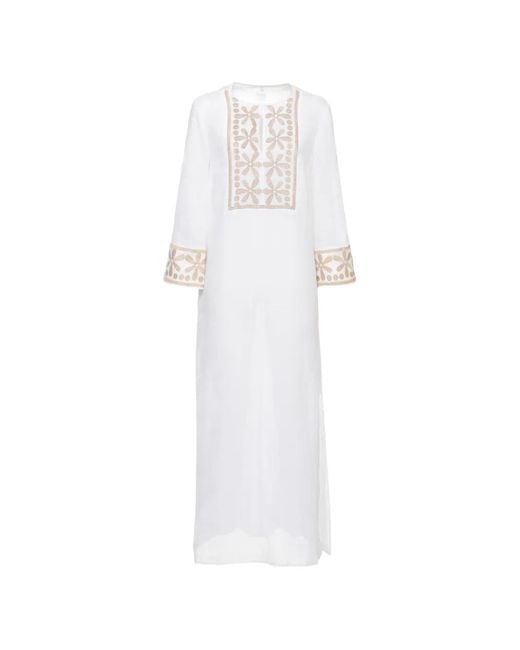 120% Lino White Embroidered-Panel Slit-Detail Maxi Dress