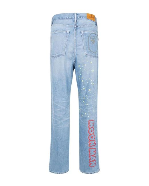 A Bathing Ape Blue X Kid Cudi Damaged Denim Straight-Leg Jeans for men