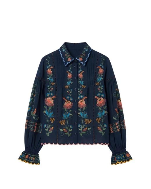 Farm Rio Blue Embroidered Scalloped-Edge Shirt