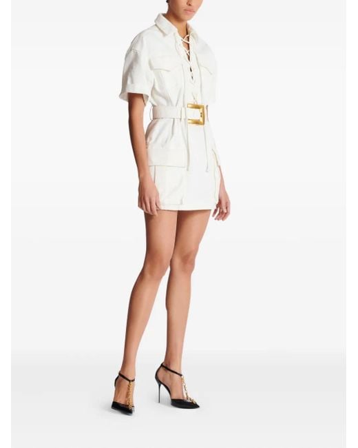 Balmain White Mini Lace-Up Canvas Dress