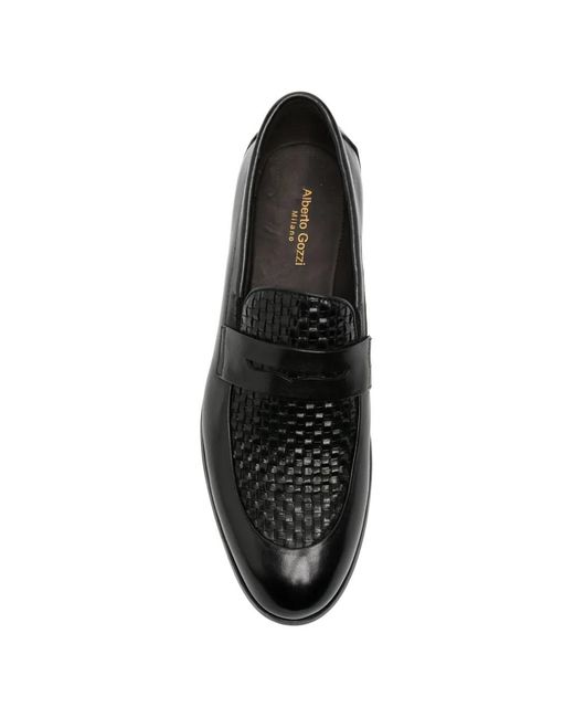 Alberto Gozzi Black Woven-Panel Penny Loafers for men