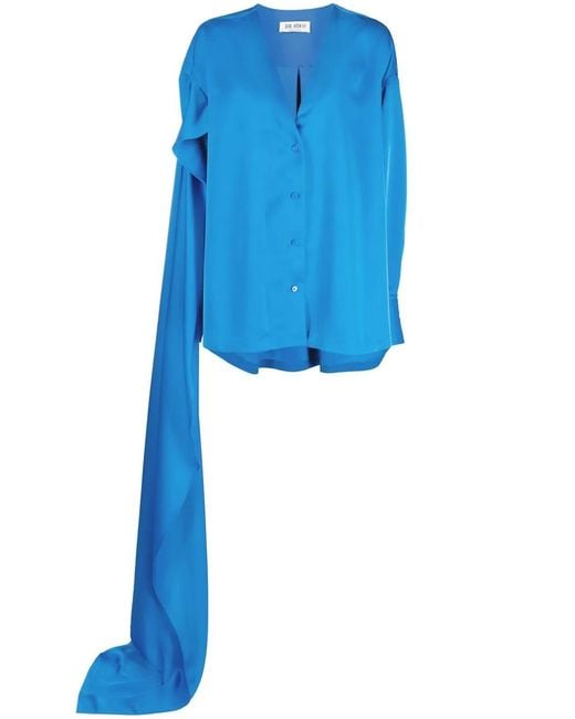 The Attico Blue Draped-Detail Long-Sleeve Shirt