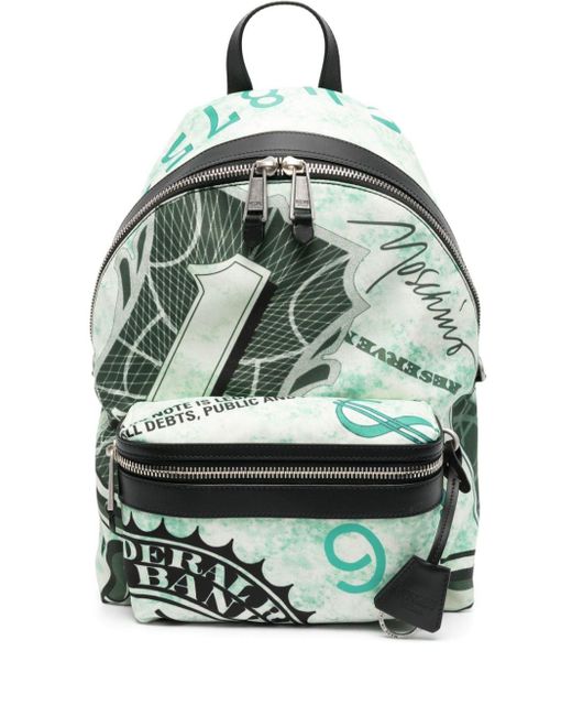 Moschino Green Money-print Leather Backpack for men