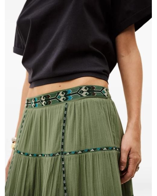 Ba&sh Green Paloma Tiered Embroidered-Waistband Maxi Skirt