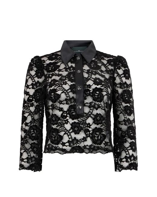 John Richmond Black Floral-Lace Polo-Top