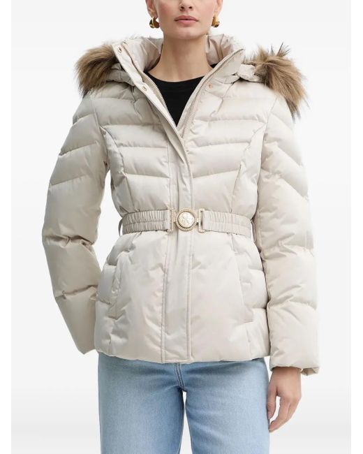 Guess Gray Fur-Trim Belted Jacket