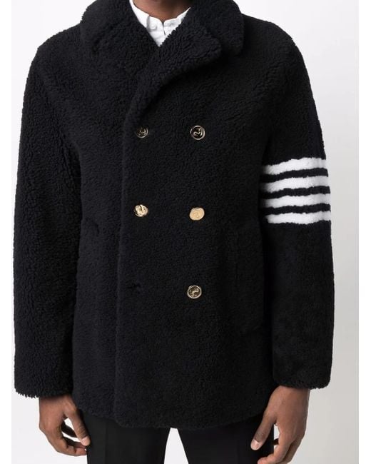 Thom Browne Black 4-Bar Stripe Shearling Peacoat for men