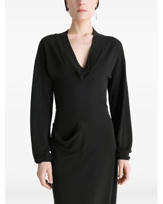 Lemaire Black Draped V-Neck Midi Dress