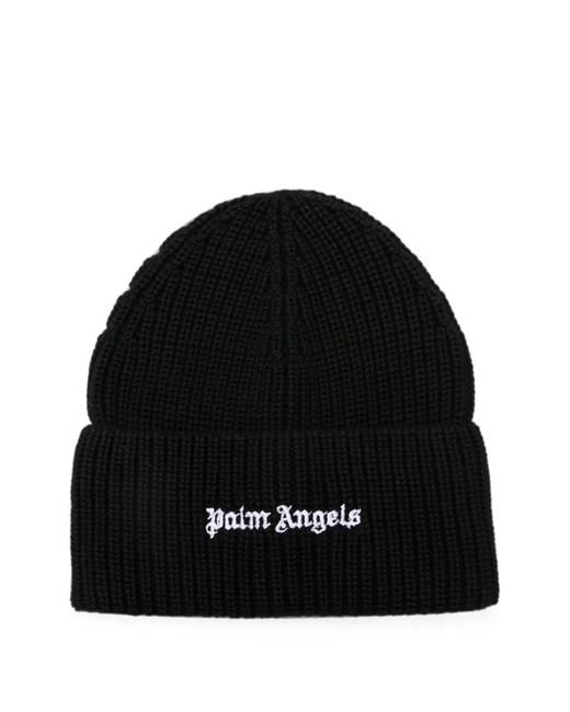 Palm Angels Black Logo-Embroidered Ribbed-Knit Beanie for men