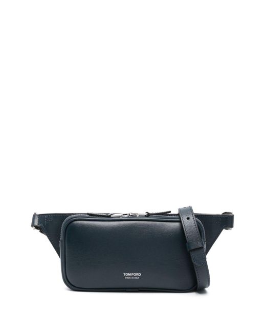 Tom Ford Blue Horizontal Grain Leather Small Zipper Belt Bag Bags for men