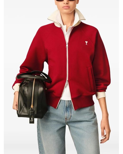 AMI Red Zipped Cotton Sweatshirt With Ami De Coeur