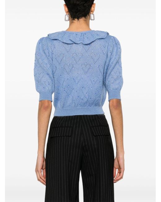 Alessandra Rich Blue Crystal-embellished Pointelle-knit Top