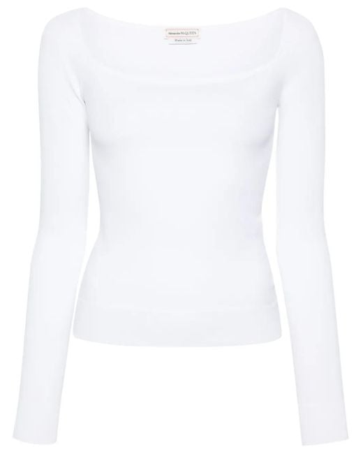 McQueen White Square-Neck Fine-Knit Top