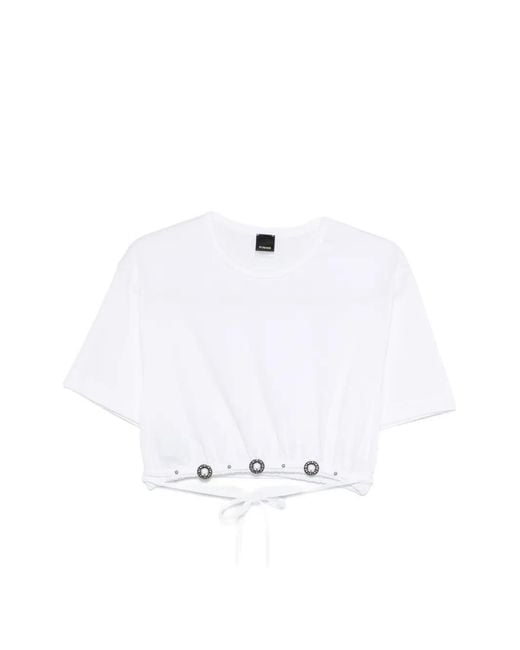 Pinko White Cropped T-Shirt With Lace And Texan Details
