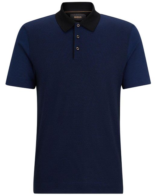 Boss Blue Contrast-collar Cotton-silk Polo Shirt for men