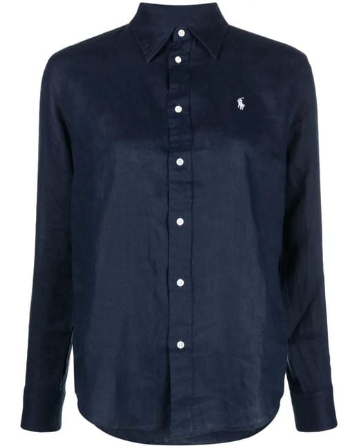 Polo Ralph Lauren Blue Logo-Embroidered Linen Shirt
