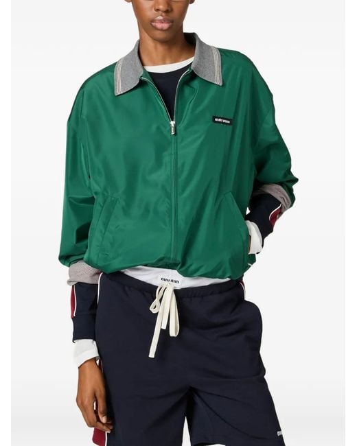Miu Miu Green Ribbed-Knit Zip Bomber Jacket
