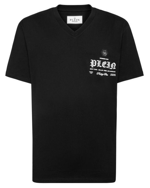 メンズ Philipp Plein ロゴ Vネック Tシャツ Black