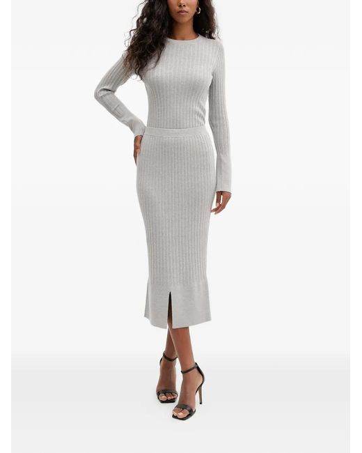 Twinset Gray Ribbed Front-Slit Midi Skirt