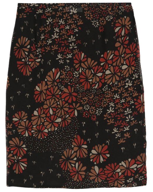 Saint Laurent Floral-print Silk Midi Skirt in het Black