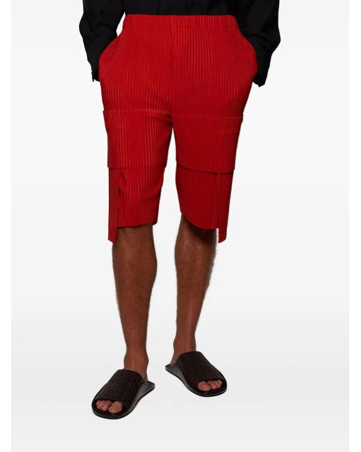 Issey Miyake Red Pleated Cargo-Pocket Shorts for men