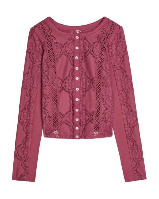 Free People Red Floral-Lace Button-Up Cardigan