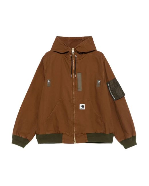Sacai Brown Zip-Up Hooded Bomber Jacket