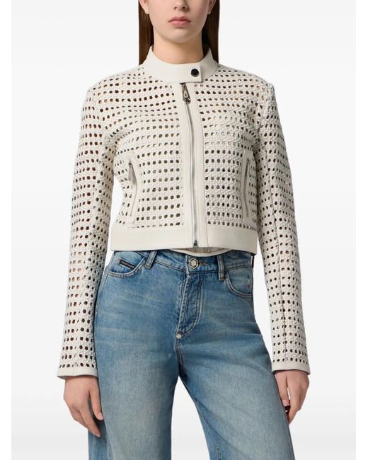 Philipp Plein White Weaved Leather Fitted Jacket