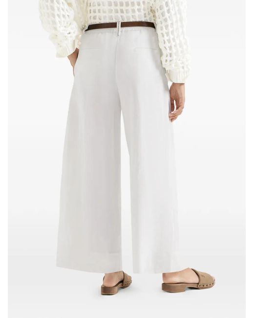 Brunello Cucinelli White Cotton Organza Boxy Pleated Trousers With Monili