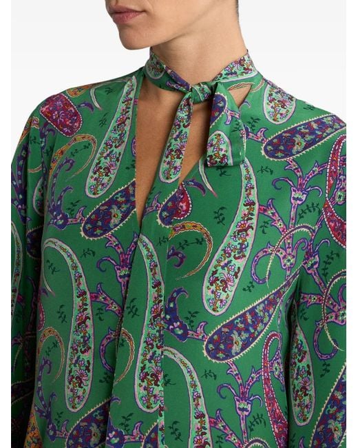 Etro Green Robe Longue En Soie À Motif Cachemire