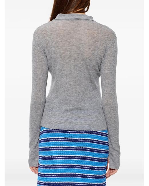 Ganni Gray Ribbed-Knit Polo Top