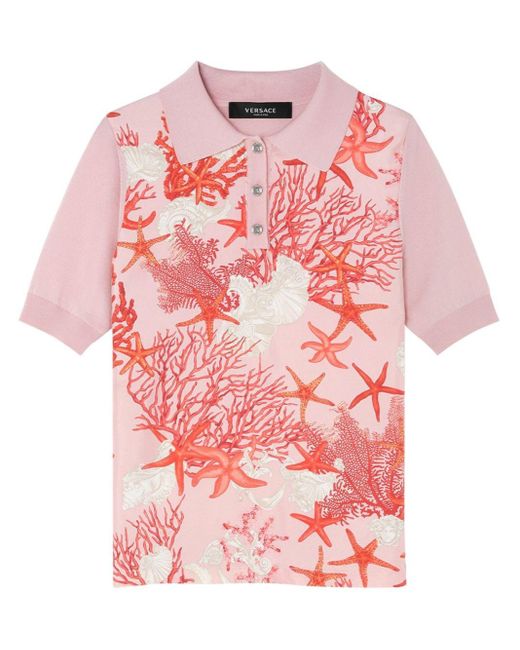 Versace Pink Short-sleeved Sea-print Polo Shirt