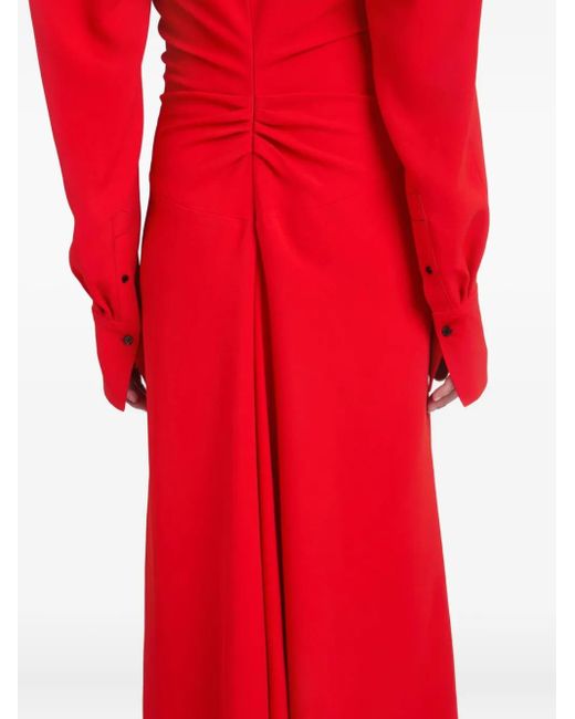 Victoria Beckham Red Long-Sleeve Polo-Collar Midi Dress