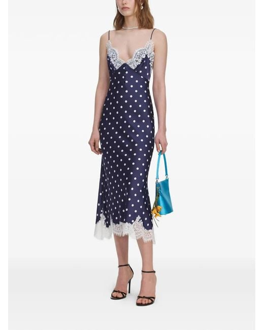 Self-Portrait Blue Polka-Dot Lace-Trim Midi Dress