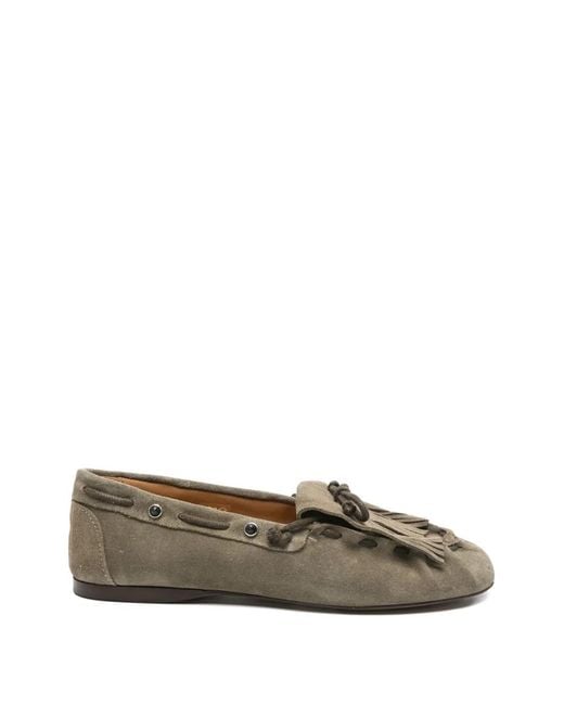 POSA Gray Fringe-Detail Suede Loafers
