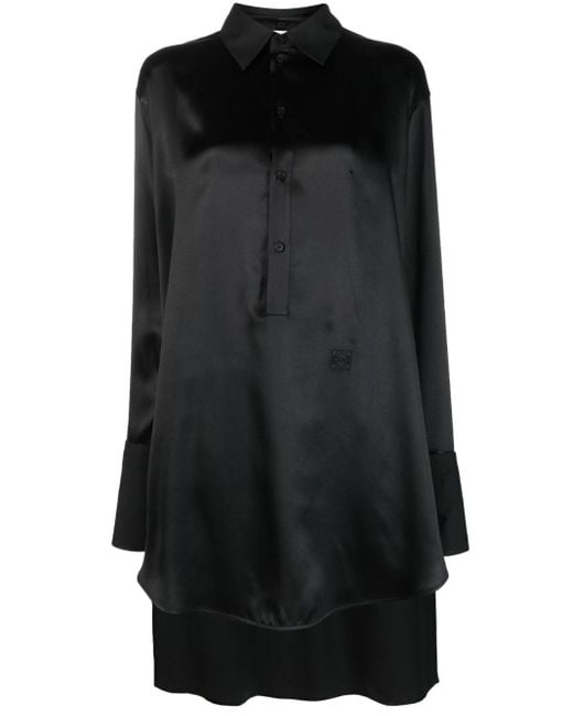 Robe-chemise satiné à logo brodé Loewe en coloris Black