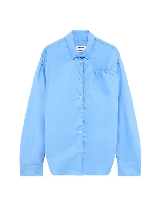 MSGM Blue Ruched Chest-Pocket Shirt