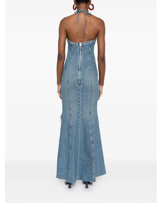 Blumarine Blue Halter-Neck Frayed-Hem Denim Dress