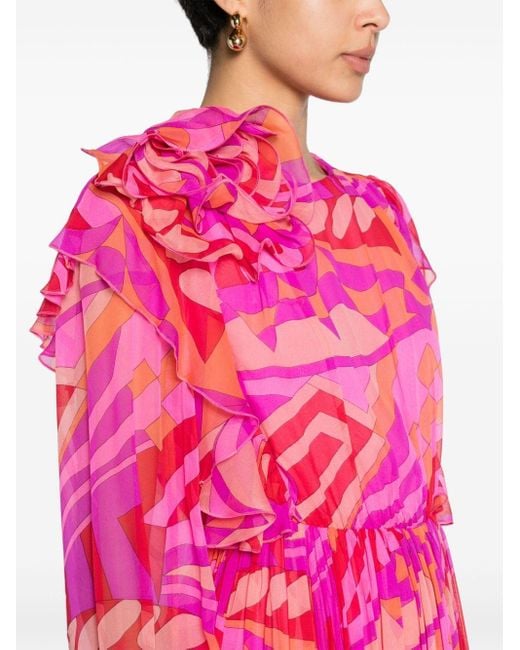 Nissa Pink Graphic-print Silk Midi Dress