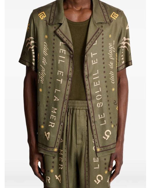 Balmain Green Short-Sleeve Patterned Shirt for men