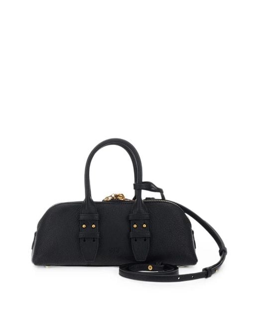 Pinko Black Grained Leather Love Birds Shoulder Bag