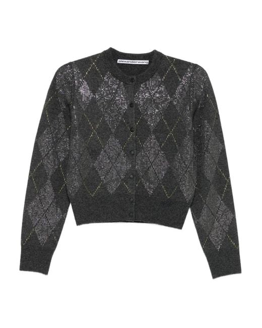 Alexander Wang Gray Crystal-Embellished Argyle Cardigan