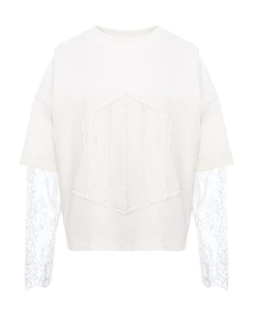 Hamza White Lace-Sleeve Corset-Detail Top