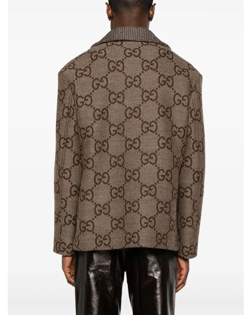 Gucci Brown Monogram-pattern Wide-collar Wool Jacket for men