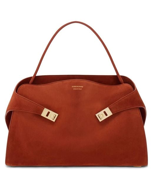 Ferragamo Red Large Hug Gancini-Plaque Suede Shoulder Bag