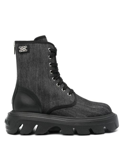 Casadei Black Davis Denim Combat Boots