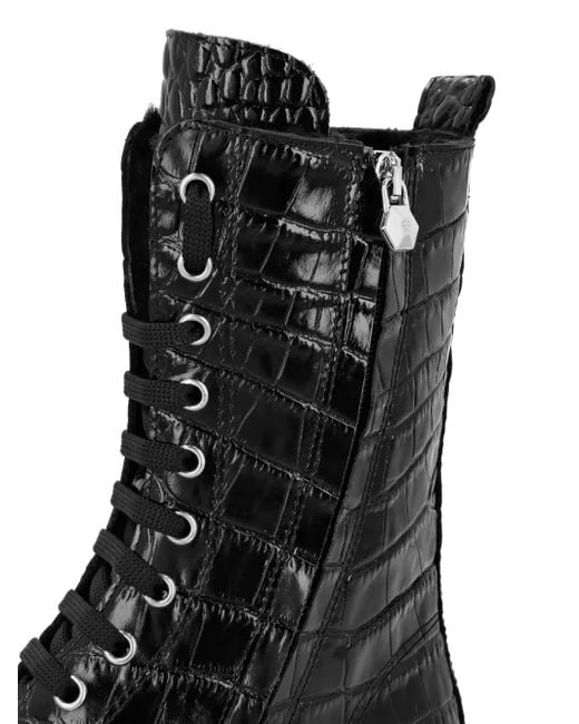 Philipp Plein Black Croc-Effect Leather Boots