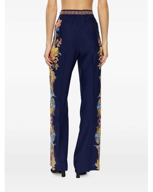 Etro Blue Floral-Print Silk Trousers